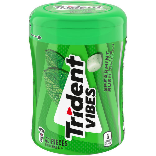 Trident Vibes Spearmint Rush Sugar Free Gum gives your mouth a burst of something new. Each square piece of this sugarless gum has 35% fewer calories than sugared gum and is coated with a crunchy candy-like shell that’s loaded with sweet crystals. Each bite gives way to a smooth, effortless chew that has surprising pops of juicy spearmint for bold flavor. Keep a bottle of this spearmint gum in your desk, purse, car or anywhere else you might need fresh breath fast.