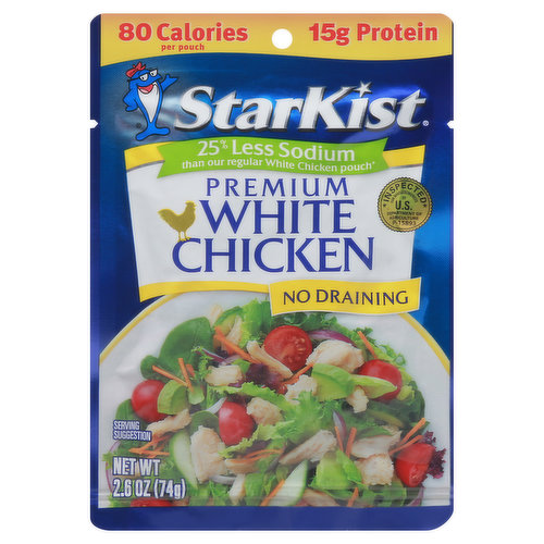 No draining. Our premium, tender white chicken is an excellent choice when watching your sodium intake. With 25 percent less sodium than our regular white chicken (Per serving StarKist Regular White Chicken has 360mg sodium; this product has 270mg sodium), our no-drain, Flavor Fresh Pouch makes it easy to add lean protein to your favorite salads or sandwiches-just tear, eat and go! Cage-free (Chicken were raised without the use of added hormones and were allowed to roam freely. Federal regulations prohibit the use of hormones in poultry).