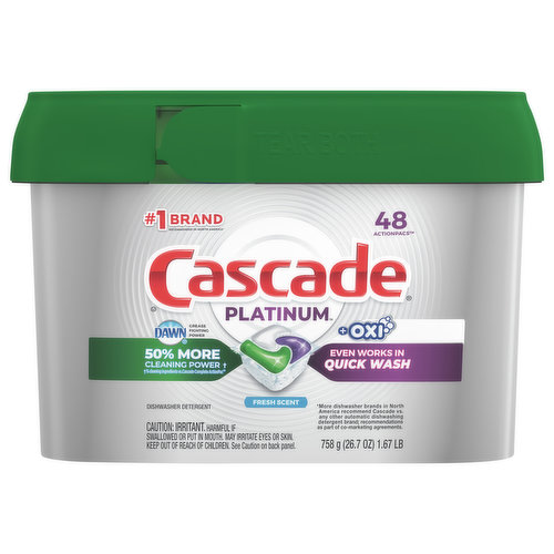 Cascade Platinum + Oxi is our best stain-fighting ActionPac, fighting tough food & beverage stains for virtually spotless dishes, every time. And it contains No Chlorine Bleach. Cascade Platinum +Oxi cleans burnt-on messes in just one wash, with no pre-wash needed. That's because Platinum has 50% More Cleaning Power* (*% cleaning ingredients vs. Cascade Complete ActionPacs) to tackle burnt-on foods. It dissolves fast to start cleaning right away, releasing the soaking power of Dawn dishwashing liquid, while food-seeking enzymes latch on and break down food into particles so small they can flow right down the drain. It's so powerful it even works in the Quick Wash cycle. Plus, Cascade Platinum dishwashing detergent is formulated to help prevent hard-water filming—keeping your machine looking fresh and clean. Simply pop in an ActionPac and reveal a Platinum sparkle. Save up to 15 gallons of water per dishwasher load when you skip the pre-wash and run your dishwasher with Cascade Platinum. #1 Recommended Brand in North America* *More dishwasher brands in North America recommend Cascade vs. any other automatic dishwashing detergent brand, recommendations as part of co-marketing agreements.
