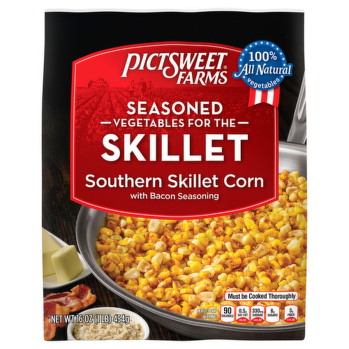 Southern skillet corn with bacon seasoning. Per 2/3 Cup Serving: 90 calories; 0.5 g sat fat (3% DV); 330 mg sodium (14% DV); 6 g sugars; 3 g fiber (11% DV). www.pictsweetfarms.com. Vegetables 100% grown on American soil.