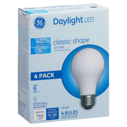 Ge Light Bulbs, LED, Daylight, Classic Shape, 8 Watts, 4 Pack