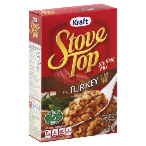 With real turkey broth. Ready in 5 minutes. Per 1/6 Box (Unprepared): 110 calories; 0 g sat fat (0% DV); 390 mg sodium (16% DV); 2 g sugars. See nutrition facts for as prepared. Makes Six 1/2 cup servings. Visit us at: Kraftheinzcompany.com. 1-800-431-1003 please have package available. Carton made from 100% recycled paperboard minimum 35% post-consumer content.