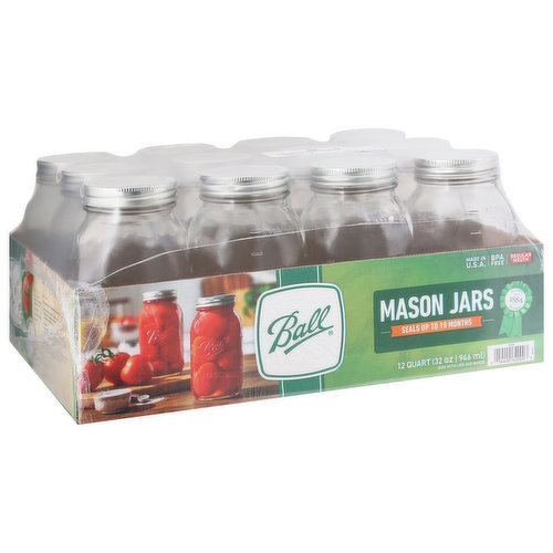 32 oz (946 ml). Jars with lids and bands. Seals up to 18 months. www.FreshPreserving.com. Facebook: Pinterest: Instagram: (at)ballcanning. For recipes, tips or questions FreshPreserving.com. We would love to hear from you 1-800-240-3340. BPA free. Please recycle. Made in U.S.A.