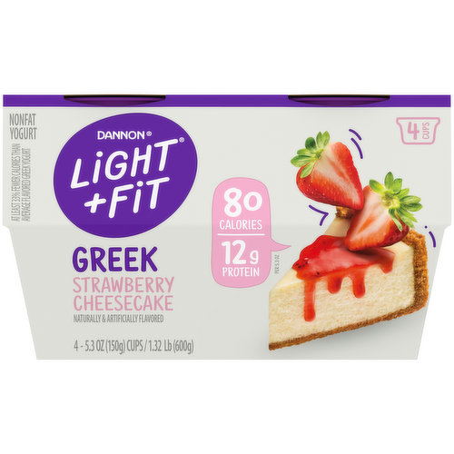 Naturally & artificial flavored. 80 calories 12 g protein. Light & fit. 80 calories, o g fat; average flavored Greek yogurt: 125 calories, 2 g fat per 5.3 oz serving. Certified Gluten Free. gfco.org. At least 33% fever calories than average flavored Greek yogurt. Partially produced with genetic engineering. 4 cups. So, let’s all lighten up a bit, shall we? Nobody’s perfect & that’s fine by us. Because keeping things light lets. You do you. Delish. Grade A. www.lightnfit.com. how2recycle.info. Facebook. Instagram. Get in touch Call or text 1-877-326-6668 www.lightnfit.com. Danone Part of the Danone family. Give your taste buds a reason to rejoice with Dannon Light + Fit Strawberry Cheesecake Greek Nonfat Yogurt. Our Greek nonfat yogurt comes in single-serve cups, so you can live your life uninterrupted and enjoy them on the go. And with 80 calories and 12g of protein per 5.3 oz serving, it’s a delicious, convenient option that helps you stick to a healthy routine.

At Light + Fit, we believe that healthy living feels lighter when defined by what’s right for you. We commit to opening the door to a world of health where you are free to be who you are. With our wide selection of yogurts and protein smoothies, we make it easier to define healthy living with joyfully, fulfilling foods and experiences that are in tune with your unique body needs. Light + Fit nonfat yogurt and nonfat yogurt drinks are not only delicious, but also fit nicely into your wellness routine. Add Some Light to your day with Light + Fit!; At Light + Fit, we believe that healthy living feels lighter when defined by what’s right for you. We commit to opening the door to a world of health where you are free to be who you are. With our wide selection of yogurts and protein smoothies, we make it easier to define healthy living with joyfully, fulfilling foods and experiences that are in tune with your unique body needs. Light + Fit nonfat yogurt and nonfat yogurt drinks are not only delicious, but also fit nicely into your wellness routine. Add Some Light to your day with Light + Fit!