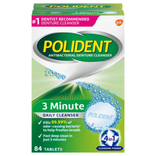 No. 1 dentist recommended denture cleanser. GSK. Kills 99.99% of odor-causing bacteria (Soaking only, in laboratory tests) to help freshen breath. Fast deep clean in just 3 minutes. 4 in 1 cleaning power. Partials & Dentures Need Special Care: Polident 4 in 1 cleaning system is a gentle & non-abrasive formulation that kills odor-causing bacteria, helps remove stains and keeps your partial / denture clean & fresh. 4 in 1 Cleaning Power: Cleaning agents. Odor-causing bacteria killers. Stain removers. Active oxygen booster. Reasons to use Polident cleanser every day. Without the right care, your partial or denture can act as a bacteria magnet attracting odor-causing bacteria, and also plaque and debris that if not removed can damage your natural teeth and gums. Polident daily cleanser is designed specially for partials & dentures. It kills 99.99% of odor-causing bacteria (Soaking only, in laboratory tests) and helps clean away plaque and debris that can damage natural teeth and gums. Use daily for a clean, fresh, healthy smile!