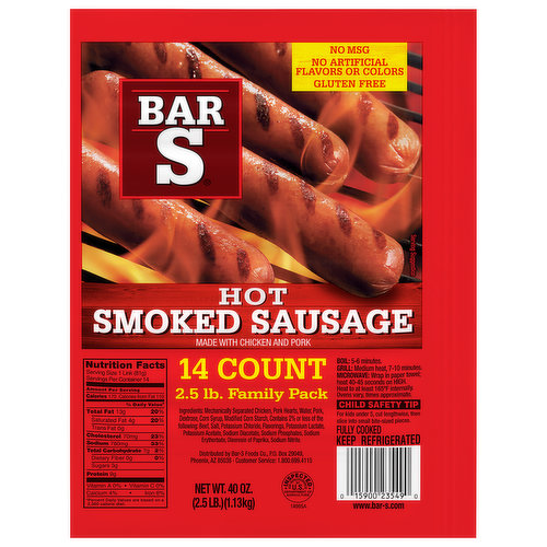 Made with chicken and pork. No artificial flavors or colors. Gluten free. No MSG. Fully cooked. Inspected for wholesomeness by US Department of Agriculture. www.bar-s.com. Customer Service: 1.800.699.4115.