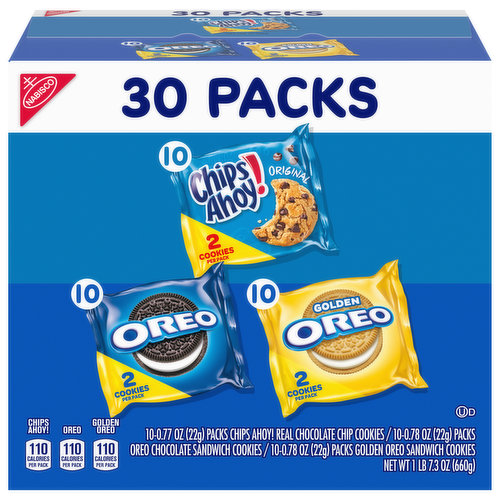 CHIPS AHOY!/OREO Nabisco Sweet Treats Cookie Variety Pack OREO, OREO Golden & CHIPS AHOY!, 30 Snack Packs (2 Cookies Per Pack)