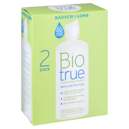 1 lens case Up to 20 hours of moisture (Our laboratory research shows that Biotrue multi-purpose solution helps keep lenses moist for up to 20 hours. We'd love to hear how Biotrue multi-purpose solution is making wearing your contacts easier on your eye). Works like your eyes. Makes wearing lenses easier on your eyes. PH balanced to match healthy tears. Kills 99.9% of germs. Conditions, cleans, removes protein, disinfects, rinses, stores, for soft contact lenses including silicone hydrogel lenses. Sterile. Bio True multi-purpose solution for soft contact lenses including silicone hydrogel lenses. Works like your eyes. The world can be tough on your eyes when you wear contact lenses. In a world of less asleep and more computer use it can be difficult for your eyes to stay comfortable and moist, especially when wearing contacts. Biotrue is easier on your eyes because it works like your eyes. Biotrue has the same pH as healthy tears and a lubricant found in your eyes. Makes wearing lenses easier on your eyes. 100% Satisfaction Guaranteed: Your satisfaction with Biotrue multi-purpose solution is guaranteed or your money back. If you are not completely satisfied, or you need additional product information call 1-800-553-5340. www.bioutrue.com. www.bausch.com. Share you Biotrue experience with us. Tell us at www.biotrue.com/mystory. Bausch + Lomb cares about the environment. This carton and bottle are made 100% recyclable. Made in USA.