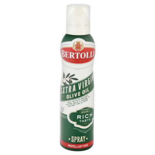 World's No.1 olive oil brand. Pioneer exporter of olive oil to the world. Propellant-free. Bertolli Extra Virgin Olive Oil has a full-bodied flavor for those who enjoy the rich taste and aroma of olives. It is ideal for dressings, salads, marinades and as a finishing oil for every type of cuisine. Safely spray directly on your food. 100% propellant and additive free olive oil. World's No. 1 olive oil brand. Euromonitor. Retail value sales. bertolli.com. Questions or Comments? Call 1-800-908-9789 or visit bertolli.com. Country of Origin: Product contains select quality olive oils from the following countries identified on the bottom of the container. ES = Spain.
