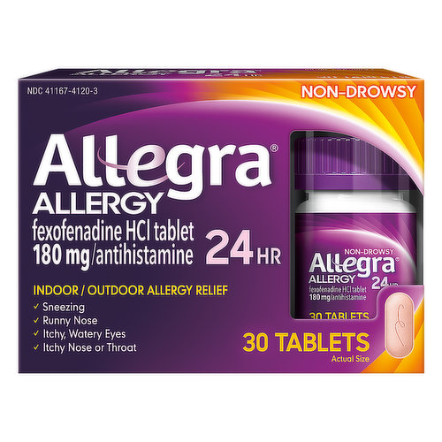 In Each Tablet: Other Information: Safety Sealed: Do not use if carton is opened or if printed foil inner seal on the bottle is torn or missing. Store between 20 degrees and 25 degrees C (68 degrees and 77 degrees F). Protect from excessive moisture. Fexofenadine HCI tablet 180 mg/antihistamine. 24 hr. Indoor / Outdoor Allergy Relief: sneezing; runny nose; itchy, watery eyes; itchy nose or throat. www.allegra.com. Call toll-free 1-800-633-1610 or www.allegra.com. Origin Germany.