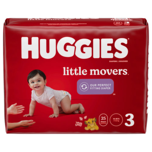 Our #1 Fitting Diaper,* Huggies Little Movers Diapers are designed for active babies! Little Movers baby diapers feature a contoured shape and SnugFit Waistband that helps eliminate gaps at the legs & waist. Double Grip Strips hold the diaper in place and help prevent sagging while crawling, walking & running. Huggies' DryTouch liner absorbs wetness on contact to help keep skin clean & healthy, while the absorbent Leak Lock System helps eliminate leaks for up to 12 hours of protection. Little Movers now feature Huggies' Pocketed Waistband to help prevent diaper blowouts (NB-Size 2). Plus wetness indicator let's you know when baby is ready for a diaper change. They also include a SizeUp indicator, so you'll know when it's time for baby to move up to the next size. Little Movers disposable baby diapers are hypoallergenic, fragrance free, lotion free, paraben free, and free of elemental chlorine & natural rubber latex. Featuring exclusive Disney Lion King designs, Little Movers Diapers are available in size 3 (16-28 lb.), size 4 (22-37 lb.), size 5 (27+ lb.), size 6 (35+ lb.) and size 7 (41+ lb.). Join Huggies Rewards+ Powered by Fetch to get rewarded fast. Earn points on Huggies diapers and wipes, in addition to thousands of other products to redeem for hundreds of gift cards. Download the Fetch Rewards app to get started today! (*Wet Fit, Among Open Diapers)