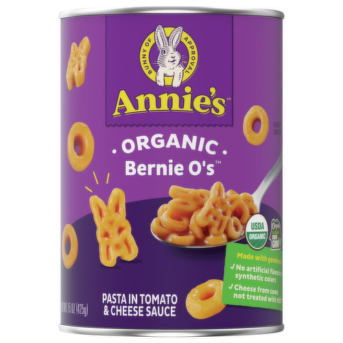 Annie's Organic Bernie O's are delicious and tons of fun to eat! This canned pasta is made with yummy pasta and a savory tomato and cheese sauce full of scrumptious flavor. These certified organic O's will make a super tasty addition to a family dinner, a packed lunch and more! Plus, this pasta can be enjoyed for a comforting snack after school or work. When feeding your family, add a sprinkle of joy and hoppiness with Annie's canned pasta entrees. 

Annie's makes products in over 20 family-friendly categories — from fruit-flavored snacks and cereal to mac & cheese. For busy bunnies and families on the go, we help make life a little easier and more delicious by sweetening-up packed lunches or by adding to a savory, yummy dinner. Annie’s is devoted to spreading goodness through nourishing, tasty foods and kindness to the planet.