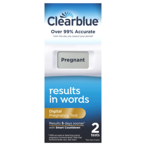 No brand is more accurate. Only test with smart countdown. Results 5 days sooner (Clearblue can be used to test up to 4 days before you expect your period (5 days sooner than the missed period). In clinical testing with early pregnancy samples Clearblue gave the following results: Number of Days Before the Expected Period: -1; Percent of Samples from Pregnant Women Giving a Pregnant Result: Greater than 99%; Number of Days Before the Expected Period: -2; Percent of Samples from Pregnant Women Giving a Pregnant Result: 98%; Number of Days Before the Expected Period: -3; Percent of Samples from Pregnant Women Giving a Pregnant Result: 95%; Number of Days Before the Expected Period: -4; Percent of Samples from Pregnant Women Giving a Pregnant Result: 75%). 1. Easy: Simply hold the tip in your urine stream for 5 seconds. The smart countdown appears on the display and counts down to your result. 2. Accurate: Over 99% accurate from the day of your expected period (99% accurate at detecting typical pregnancy hormone levels. Note that hormone levels may vary. See insert). 3. Testing Early: Clearblue can be used to test up to 4 days before you expect your period (5 days sooner than the missed period). In clinical testing with early pregnancy samples Clearblue gave the following results: Number of Days Before the Expected Period: -1; Percent of Samples from Pregnant Women Giving a Pregnant Result: Greater than 99%; Number of Days Before the Expected Period: -2; Percent of Samples from Pregnant Women Giving a Pregnant Result: 98%; Number of Days Before the Expected Period: -3; Percent of Samples from Pregnant Women Giving a Pregnant Result: 95%; Number of Days Before the Expected Period: -4; Percent of Samples from Pregnant Women Giving a Pregnant Result: 75%. English and Spanish instructions inside. Contents: 2 test sticks and 1 English/Spanish insert. www.clearblue.com. Follow us on: Facebook. Clearblue Helpline Monday-Friday 8:30 am - 5:00 pm Eastern Time. Toll-free, 1-800-321-3279. Please have the product and packaging, including any foil pouches, with you when you call. Calls are recorded for training and quality control.