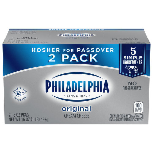 Since 1872. 5 simple ingredients. No preservatives. Sold as a 2-pack. Not intended for individual size. Philadelphia cream cheese always starts with fresh milk and real cream, and is made with 5 simple ingredients, nothing extra. The result is the fresh tasting, creamy texture you love. That's how Philadelphia sets the standard.
