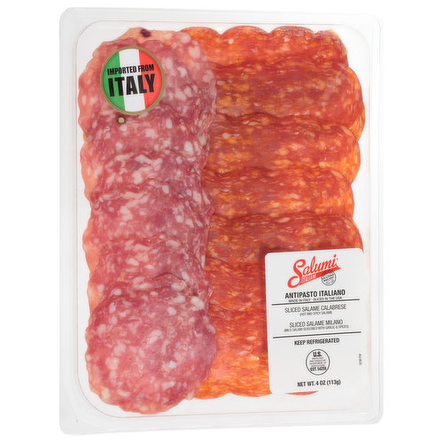 Sliced Salame Calabrese (hot and spicy salami). Sliced Salame Milano (Mild salami seasoned with garlic & spices). U.S. inspected and passed by Department of Agriculture. Imported from Italy. Made in Italy. Sliced in the USA.