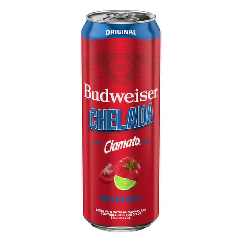Made with Clamato with original. Lager with natural flavors and vegetable juice for color. This is the famous Budweiser beer. We know of no brand produced by any other brewer which costs so much to brew and age. Our exclusive Beechwood Aging produces a taste, a smoothness and a drinkability you will find in no other beer at any price. Since 1876. Drink wise. Enjoy responsibly. TapIntoYourBeer.com. Questions/comments call 1-800-Dial-Bud (1-800-342-5283) Please recycle. 5 alc./vol. 10