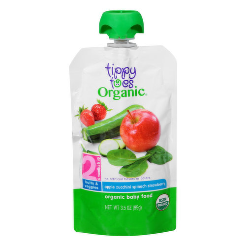 Fruits & veggies. Tippy Toes Organic fruit & veggie baby food in pouches are the perfect way to introduce your little one to a way of eating that's full of vibrant tastes and textures! No salt added. BPA free portable packaging.