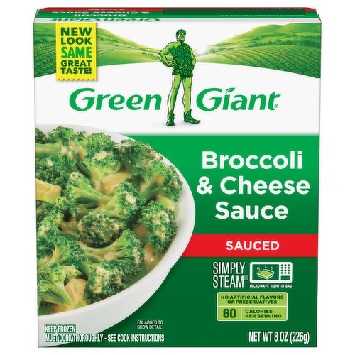 Green Giant Simply Steam Broccoli & Cheese Sauce delivers the great-tasting steamed vegetables you and your family want to live a balanced lifestyle. A flavorful addition to lunch or dinner, each bag contains steamed broccoli in a cheese sauce. Made with no artificial flavors or preservatives, Green Giant frozen vegetables make it easier to get your daily serving of veggies. This frozen Broccoli & Cheese Sauce item provides 50 calories per serving, and is available in a convenient microwave-safe bag for easy preparation. To enjoy this Broccoli & Cheese blend, microwave it in the bag on high according to package directions. Keep Green Giant Broccoli & Cheese Sauce item frozen until ready to cook and refrigerate any leftovers. Green Giant works hard to make it easy for you to be good to yourself.