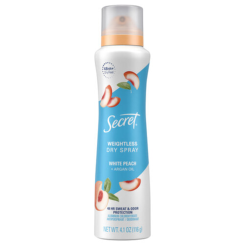 Secret Antiperspirant/Deodorant, Dry Spray, Weightless, White Peach + Argan Oil