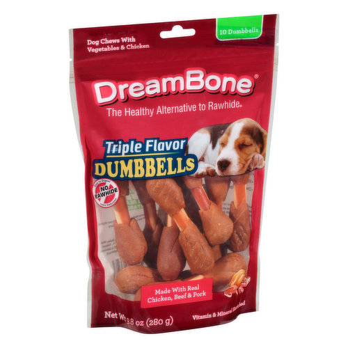 Calorie Content (Calculated): 2,810 ME kcal/kg (79 ME kcal/chew). Vitamin & mineral enriched. The healthy alternative to rawhide. No rawhide. Easy to digest. 100% delicious. Triple flavor dumbbells. Made with real chicken, beef & pork. What your dog dreams about! DreamBone chews have all the benefits of a rawhide chew - without the rawhide! Triple the fun with triple the flavor! DreamBone triple flavor dumbbells are made with real chicken, beef and pork for scrumptious taste your dog can't resist! Made with real vegetables. Made with real chicken, beef and pork. Rawhide-free. Easy to digest. Chewing helps maintain healthy teeth. With real chicken. With real vegetables. www.DreamBone.com. Treated by irradiation. Made in Vietnam.