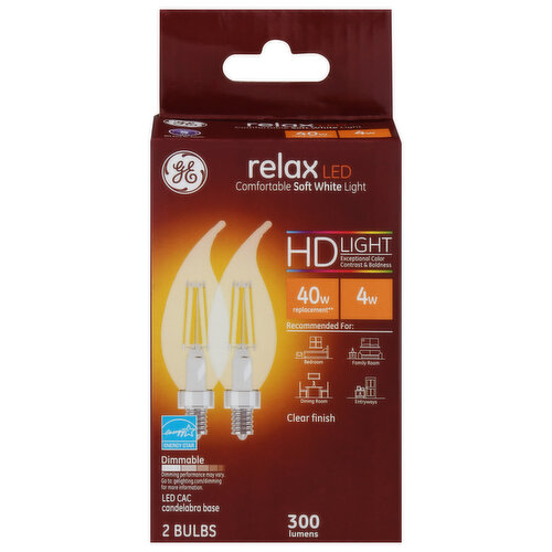 GE Light Bulbs, HD, LED, Candelabra Base, Soft White, Clear, 4 Watts