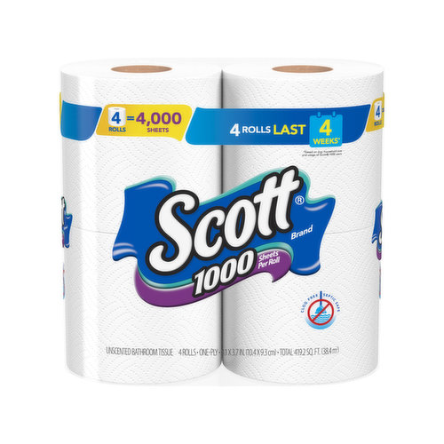 Scott Bathroom Tissue, 1000, Unscented, One-Ply - 4 rolls