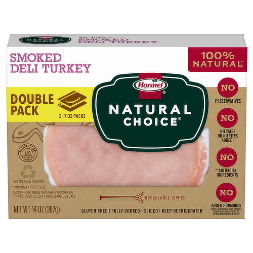 Gluten free. No preservatives. No nitrates or nitrites added (except for those naturally occurring in cultured celery powder and sea salt). No artificial ingredients (minimally processed). No Added Hormones: Turkey raised without added hormones, Federal regulations prohibit the use of added hormones in poultry. 100% natural (minimally processed). Smoked deli turkey. Sliced. Fully cooked. Wouldn't it be great if all lunchmeat didn't contain preservatives? We think so. That's why we make Hormel Natural Choice lunchmeat with no preservatives and nothing artificial. Leaving just great tasting lunchmeat. Naturally. US inspected and passed by Department of Agriculture. www.hormelnatural.com. Facebook.com/hormelnaturalchoice. Pinterest.com/hormelnatural. Contact us: 1-800-523-4635; www.hormelnatural.com. Other Natural Choice Varieties: Smoked ham; Oven roasted turkey; Cracked black pepper deli turkey - and more. Resealable zipper. Recyclable carton. We've slow-roasted our classic turkey for that signature smoky and savory flavor. Craft a better sandwich with NATURAL CHOICE 100% all-natural (minimally processed, no artificial ingredients) deli meats. Our juicy sliced turkey is raised without any added hormones. Yup, that’s right--zero. You can feel good about stacking those thick and meaty slices high for a tasty treat that satisfies. MAKE THE NATURAL CHOICE.