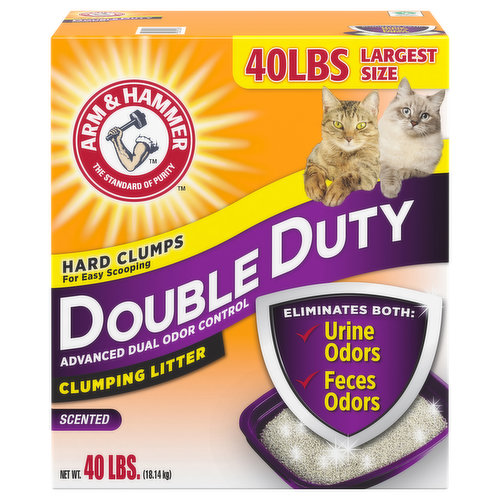 The standard of purity. Hard Clumps: For easy scooping. Advanced dual odor control. Hard clumps for easy scooping. Eliminates Both: Urine odors. Feces odors. A secret in the litter box. In the 70's the secret to fighting litter box odors was to add Arm & Hammer baking soda. Now Arm & Hammer clumping cat litters are infused with odor-eliminating baking soda and advanced odor neutralizers for a fresh smelling home. Today's better litter for better odor control. Arm & Hammer double duty clumping litter eliminates both types of odors for advanced odor control. Its breakthrough formula destroys urine and feces odors on contact, and helps keep your home smelling fresh and clean. Here's How it Works: Eliminates Both: Feces odors. Urine odors. Solid Clumps: 99% dust free. Low tracking. Rock-solid clumps let you remove the source of odors easily. Fresh Scent: Refreshing litter. Fresh scent refreshes litter every time your cat uses the litter box. Arm & Hammer Double Duty Clumping Litter: Your secret to true odor control. Pet friendly. Proud supporter of Arbor Day Foundation.
