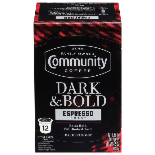 Est. 1919. Family owned. Compatible with single-serve brewing systems, including Keurig K-Cup Brewers. Savor the flavors created in this expert blend of Central and South American coffees. The tropical climate and high elevation produce this undeniably bold Espresso Roast. Surround yourself with an intense aroma and flavor, complete with a full-bodied taste. Our Story: Over 100 years ago my great-grandfather, Cap Saurage, created the very first batch of our signature coffee. Cap's coffee blend became a local Louisiana community favorite, and thus Community Coffee was born. Four generations later, we are still dedicated to creating a variety of distinctive, full-flavored coffees. The Dark & Bold line delivers distinctly smooth coffee to those who love the darkest, boldest coffee flavors. - Matt Saurage, 4th Generation Owner. Please recycle. Making a difference cup by cup. We believe it is important to do more than make great coffee. By supporting and giving back to local communities every cup makes a difference to the people and places that make us Community Coffee. To learn more, visit CommunityCoffee.com/Giving-Back. roof of Purchase: Community Coffee cash for schools. 1 point. CommunityCoffe.com/cashforSchools.