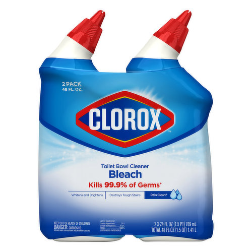 Kills 99.9% of germs (Kills Germs: Staphylococcus Aureus (Staph), Salmonella enterica (salmonella), influenza A2 virus, rotavirus, candida albicans). Whitens and brightens. Destroys tough stains. Contains no phosphorus. 4x cleaning power. Cleans. Deodorizes. Whitens. Destroys stains. www.clorox.com. how2recycle.info. www.smartlable.org. Questions? Comments? Please visit us at www.clorox.com or call us at 1-800-227-1860. For more product ingredient information, visit www.smartlable.org. Try Clorox ultra clean toilet tablets bleach to keep your toilet fresh and clean with every flush. Clorox. Ultra clean toilet tablets, bleach. Kills 99.9% of bacteria. Made in the USA of global ingredients.