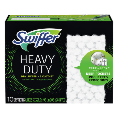 26.3 x 19.9 cm (10.3 x 7.8 in). Trap + lock with deep pockets. Deep pockets lock in dirt. Fine fibers reach into tight spaces. Ultra thick pad traps dust & hair. Great on grout. Good Housekeeping: Since 1909. Limited warranty to consumers. Replacement or refund if defective. www.swiffer.com. www.pg.com. Questions? 1-800-214-8734; www.swiffer.com. Assembled In: From domestic and foreign materials.