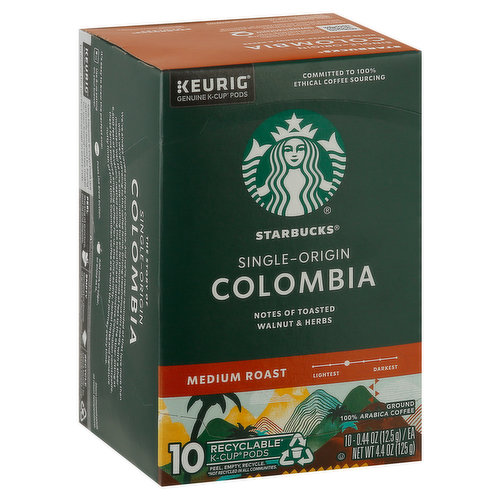 Keurig: Genuine k-cup pods. Committed to 100% Ethical Coffee Sourcing. Single-Origin Colombia. Notes of toasted walnut & herbs. The story of single-origin Colombia. We've always loved coffee from Colombia. And we're never reminded of that love more than when we're traveling to the coffee farms. Driving treacherous dirt roads with a sheer mountain wall to one side-nothing but air for thousands of feet to the other. Sitting at 6,500 feet of elevation, nestled among the beautiful and distinctive Colombian countryside, these farms produce amazing coffee. For us, the juicy acidity, herbal notes and signature nutty finish of this 100% Colombian coffee are worth the journey every time. Only Genuine K-Cup Pods are optimally designed by Keurig for your Keurig coffee maker to deliver the perfect beverage in every cup. Recyclable (Not recycled in all communities) K-Cup pods. Peel; empty; recycle. Caution: Pod is hot. Allow to cool after use. Peel: Starting at puncture, peel lid and dispose. Empty: Compost or dispose of grounds. (Filter can remain). Recycle: Check locally (Not recycled in all communities) to recycle empty cup. Visit Keurig.com/recyclable to learn more. Committed to 100% Ethical Coffee Sourcing in partnership with Conservation International. Starbucks Rewards: Join today: starbucks.com/morestars.
