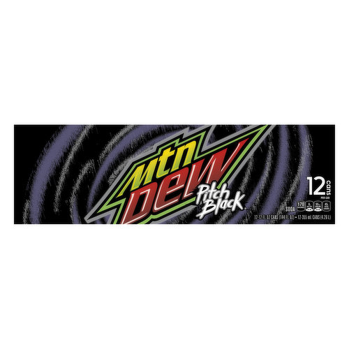Mountain Dew Soda, Pitch Black, 12 Cans