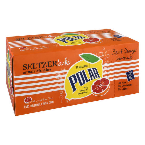 Sparkling with essence of fresh lemons. With natural fruit flavors. No sugar. Naturally calorie-free. Contains no juice, sodium or caffeine. Guilt free. No sweeteners. PolarSeltzerAde.com. (hashtag)SeltzerAde. Please recycle.