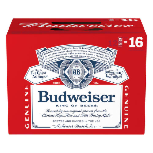 12 - 16 oz cans inside equal to 16 regular 12 oz cans of Budweiser. This is the famous Budweiser beer. We know of no brand produced by any other brewer which costs so much to brew and age. Our exclusive Beechwood aging produces a taste, a smoothness and a drinkability you will find in no other beer at any price. The great American. United States of the America. Since 1876. Brewed by our original process from the choicest hops, rice and best barley malt. Enjoy responsibly. Drink wiser. www.budweiser.com. TapIntoYourBeer.com. Follow us Twitter; Instagram; Facebook. (at)budweiserUSA. Thirsty for more info? TapIntoYourBeer.com. For more information about our products and freshness guarantee call 1-800-Dial Bud (1-800-342-5283) or visit us at www.budweiser.com. Rewards: 1. Sign up at budweiser.com. 2. Earn Points. See your receipt. Follow us on social media. Attend events. Play games, and more! 3. Get Rewarded: Redeem your points to get rewards. Don't forget to save your Budweiser receipts (receipt scan is only available to select state). Budweiser rewards no purchase necessary. Open to US residents (except CA & TX). Begin 1/15/18 and ends 12/31/22. See Budweiser.com for additional eligibility requirements, rewards and complete details. Message and date sales apply. Void where prohibited. Please recycle. Brewed with renewable 100% electricity from wind power (electricity is one type of energy we use to brew. Learn more at budweiser.com). Brewed and Canned in the USA.