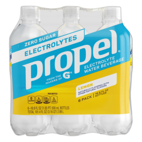 Propel Electrolyte Water Beverage, Zero Sugar, Lemon, 6 Pack