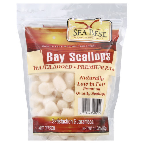 Quality since 1979. Ready to cook. Individually quick frozen. Water added. Premium raw. Naturally low in fat! Naturally low fat! Premium quality scallops. Satisfaction guaranteed! www.seabest.com. Farm raised product of China.