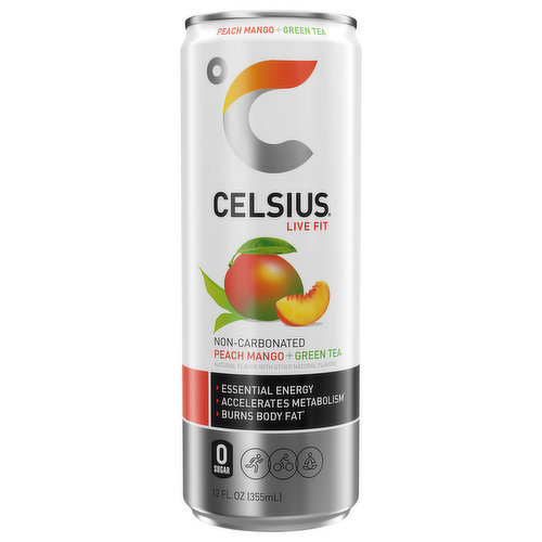 Celsius Energy Drink, Peach Mango + Green Tea, NonCarbonated