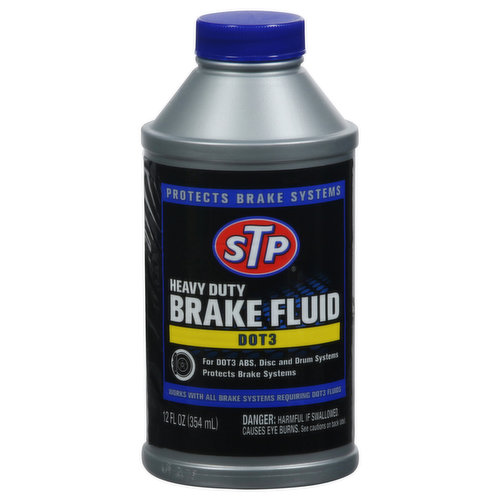 Protects brake systems. For DOT3 ABS, disc and drum systems. Works with all brake systems requiring DOT3 fluids. STP Heavy Duty Brake Fluid DOT3 is scientifically engineered for optimum performance, for all ABS, disc or drum brake systems in today's cars and trucks to help: Provide protection against brake failure from vapor lock. Prevent corrosion in brake systems. Minimum wet boiling point 284 degrees F (140 degrees C). Works with all brake systems requiring DOT3 fluids. This is a DOT3 motor vehicle brake fluid.