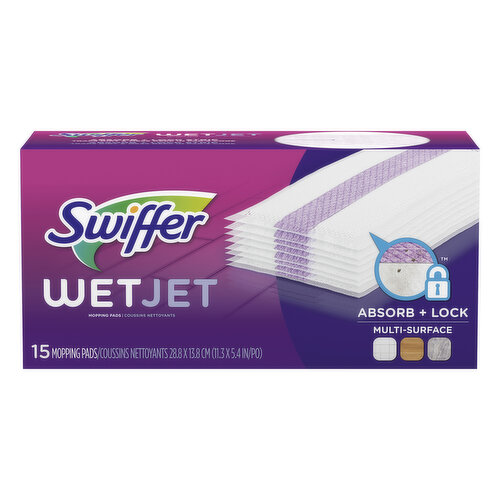 Absorb + lock. Absort + lock strip traps dirt & mess deep in pad's core. Safe on wood & all finished floors (Do not use on unfinished, oiled or waxed wooden boards, non-sealed tiles or carpeted floors because they may be water sensitive). Use with Wetjet. Good Housekeeping: Since 1909. Limited warranty to consumers. Replacement or refund if defective. www.swiffer.com. Visit swiffer.com. Questions? 1-800-214-8734.