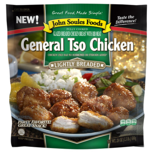 Glazed breaded chicken breast with rib meat. Per Serving: 190 calories (10% DV); 8 g total fat (12% DV); 12 g protein (24% DV). Inspected for wholesomeness by US department of agriculture. Chicken used had no hormones or steroids added (Federal regulations prohibit the use of hormones or steroids in poultry). Great food, made simple. Taste the difference! New! Fully cooked. Party favorite! Great snack! Resealable strip! Just peel off from edge and stick back on bag as indicated. The customer matters to us. At John Soules Foods our goal is to give you the best product we can make. We use premium white meat chicken, superior breading, flavorful blends of seasoning and sauces to deliver the quality you expect. It is important to use that all of our product are made with the same care you would make for your family. From our kitchen to yours, enjoy. Satisfaction Guarantee: If you are not completely satisfied with this product, we will refund your purchase at 1-800-338-4588. From our kitchen - to yours, enjoy! Try some of our great products. John Soules Foods makes flavorful grilled products that are easy and convenient for your family to prepare great, wholesomeness meals. We sell full line of fully cooked chicken and beef products that use no artificial ingredients, plus they're gluten free. Look in the frozen and refrigerated sections of your local grocery store. Enjoy! For great recipes - www.jsf4u.com/recipes. Let's get social! John Soules Foods visit us today. Facebook. Twitter. YouTube. Pinterest. Instagram. Google Plus.