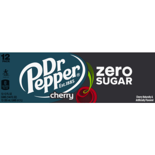 Dr Pepper Soda, Zero Sugar, Cherry, 12 Pack