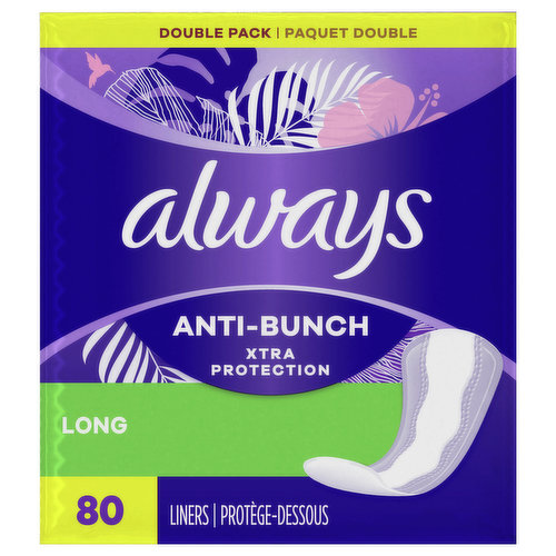 Looking for all-day freshness no matter how you move? Always Anti-Bunch Xtra Protection Daily Liners Long are designed to give you reliable protection with Anti-Bunch Technology. These pantiliners are 5X drier than Always Thin and feature a dual layer design to quickly absorb and lock away leaks to keep you feeling clean for up to 10 hours. Plus, the Edge-2-Edge adhesive helps hold the liner in place. The Always Liners Fit sizing chart shows a range of liners for different shapes and needs so you can find your best fit.Get daily protection with Anti-Bunch Technology, so you feel fresh and clean, every day.