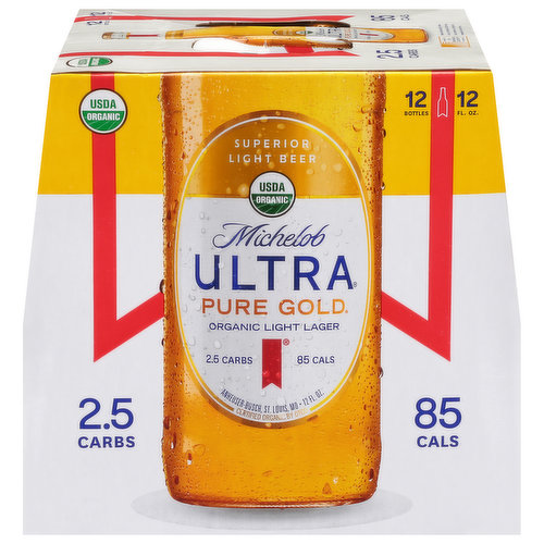 Brewed with organic grains from the country’s finest fields, Michelob ULTRA Pure Gold is a light lager with a pure, refreshing taste. With only 2.5 carbs and 85 calories, Pure Gold is triple filtered and brewed free of artificial colors and flavors.