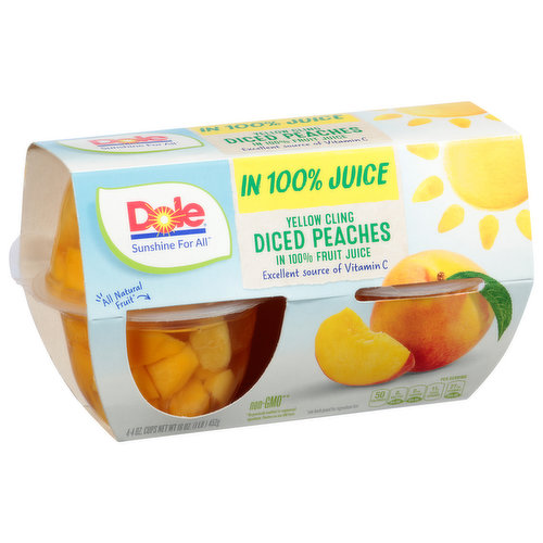 All natural fruit (See back panel for ingredient list). In 100% juice. Sunshine for all. We believe in Sunshine for all. It's our promise to provide everyone, everywhere with good nutrition! Full of sunshine. Bring sunshine with you wherever you go - Dole Fruit Bowls seal in goodness and nutrition. Vitamin C is an antioxidant that helps support a healthy immune system. Who knew vitamins were so delicious? For more than 100 years, Dole has been committed to our environment. our associates and the communities in which we operate. To learn how, please visit dolesunshine.com/sustainability.
