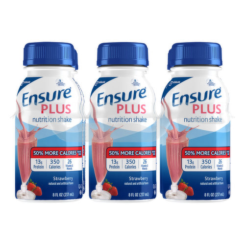 Natural and artificial flavor. 13 g protein; 350 calories; 26 vitamins & minerals. Gluten-free. 50% more calories than the original. Ensure plus - 350 calories per 8 fl oz. Ensure Original - 220 calories per 8 fl oz. Contains 82.5 mg choline per serving, which is 15 % of the daily value for choline (550 mg). No. 1 recommended brand. Complete, balanced nutrition - to help maintain a healthy weight. Ensure.com. Call 1-800-986-8727; or visit Ensure.com for more information. Ensure Plus nutrition shakes are clinically proven to help gain weight. Each shake contains 16 grams of high-quality protein, 350 calories, 27 vitamins and minerals, and nutrients to support immune-system health, including vitamins A and D, zinc, and antioxidants.* Ensure Plus protein shakes provide complete, balanced nutrition and are a great meal replacement option! * Vitamins C and E. * Ensure Plus = 16 g protein per 8 fl oz vs Ensure Original = 9 g protein per 8 fl oz.