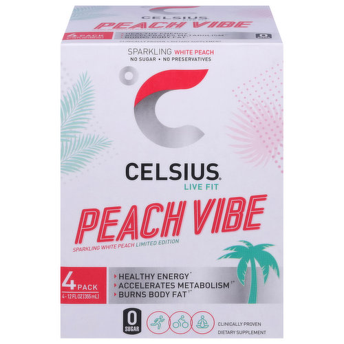 Celsius Energy Drink, Peach Vibe, 4 Pack