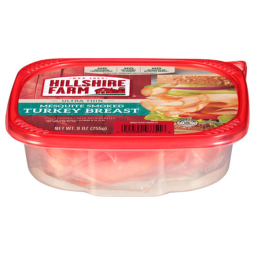 Hillshire Farm Ultra Thin Sliced Mesquite Smoked Turkey Breast Deli Meat is made with turkey breast lunch meat slow smoked over a mesquite wood fire. This deli turkey contains no artificial flavors or preservatives and no added nitrates or nitrites*. Fully cooked, this sliced turkey lunchmeat for sandwiches. *Except for those naturally occurring in the celery juice powder and sea salt