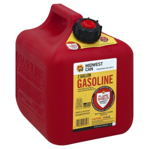 Model 2310. 8 oz (7.8 liters). 8 extra ounces for mixing oil. Engineered for safety. Double protection layer. Flame mitigation device + vapor locking spout. Quick-flow spout provide a double layer of protection. Quick-flow spout included. Midwest Can Co. Listing Service State of California State Fire Marshal. American owned. Flame shield safety system. 2x protection inside & out. Engineered for Safety: Every new FlameShield Safety System equipped Midwest Can fuel container is engineered with a special internal flame mitigation device and our vapor locking Quick-Flow spout. This exclusive safety system provides consumers with a double layer of protection from accidental fires that can result when improperly handling and storing gasoline and other flammable liquids (FlameShield Safety System consists of the vapor-locking Quick-Flow Spout plus the internal flame mitigation device. For maximum protection they must be used together as one system. Removing or disabling either prevents the FlameShield Safety System from being effective). Use only parts or accessories made by Midwest Can Company with this fuel can. Parts or accessories from other manufacturers could alter the safety of this product. Midwest Can Company disclaims all liability for injuries caused by use of unauthorized parts or accessories with the product. The FlameShield Safety System provides a double layer of protection! Quick-Flow spout provides up to 2.5x faster flow speed. Gasoline & Fire Never Mix: There is no safe way to start a fire with gasoline. That's why most parents don't do it. Help us let every parent know: StopGasFires.org. Most parents don't mix gas and fire. But every time I see a child seriously burned, I remember there are still people to reach. - Tom Hufford, Board member, Fire Marshals, Association of Oklahoma. Midwest Can with Quick-Flow Spout: 1 year warranty; child resistant features; self venting; automatically stops flow; no more spills; for use with spout model no. 4240. Emission Control Information: This container complies with the US EPA emission regulations for portable fuel containers (40 CFR PART 59). The emission warranty is valid for a minimum of one year from date of purchase. Classified to ANSI/ASTM F852-08. For help and safety video. Scan or visit us online at www.midwestcan.com. Made in USA.