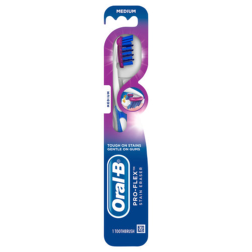 With the Oral-B Pro-Flex Stain Eraser Manual Toothbrush, you can discover a whiter smile and remove plaque. That’s because its dual-flexing head design combined with a unique Stain Eraser, work together to remove up to 90% of surface teeth stains and reveal a more dazzling white smile. Gentle on gums, but tough on stains, the Pro-Flex Stain Eraser toothbrush is the revolution you’ve been hoping for in your manual toothbrush. Color may vary.